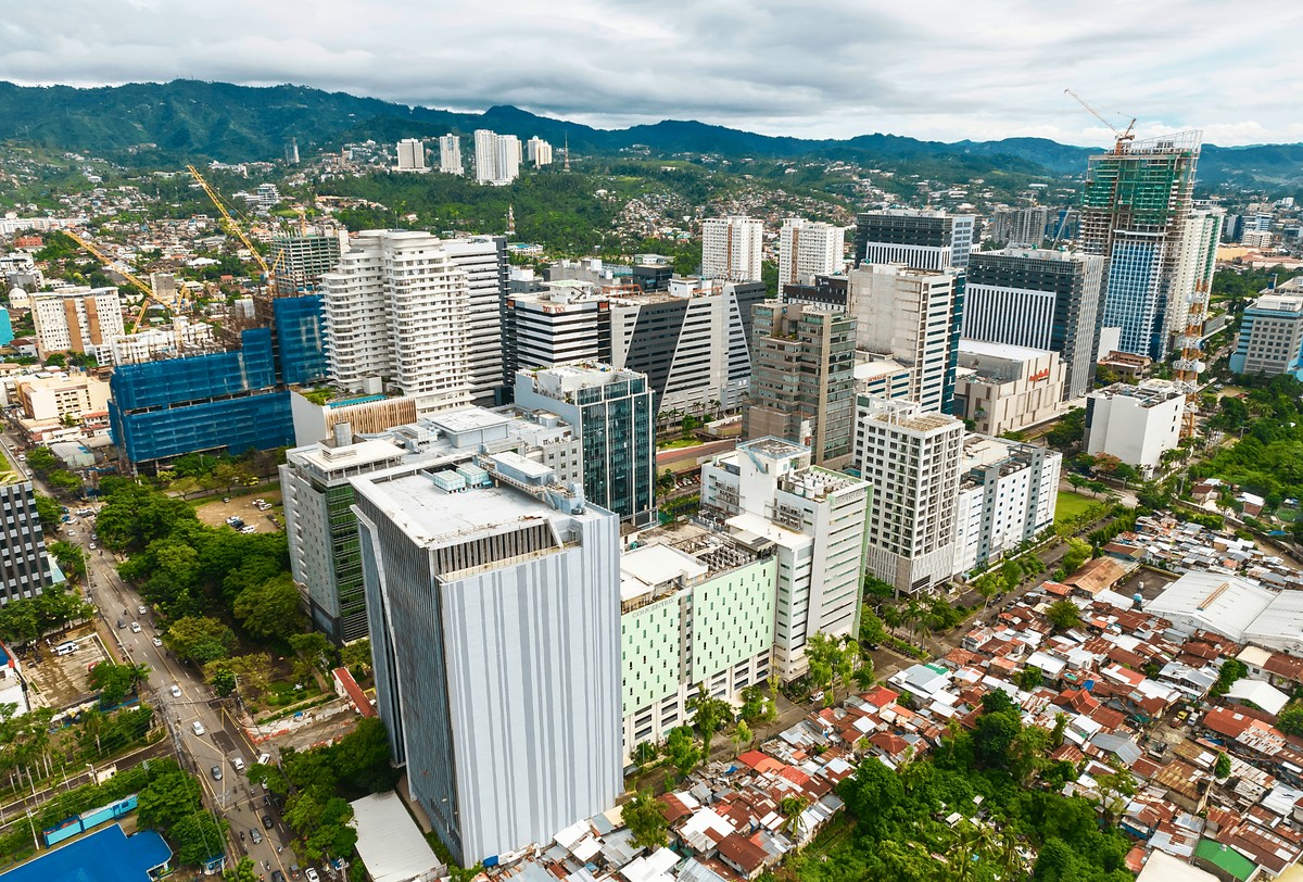 Aerial view of Cebu City business districts and surrounding hills