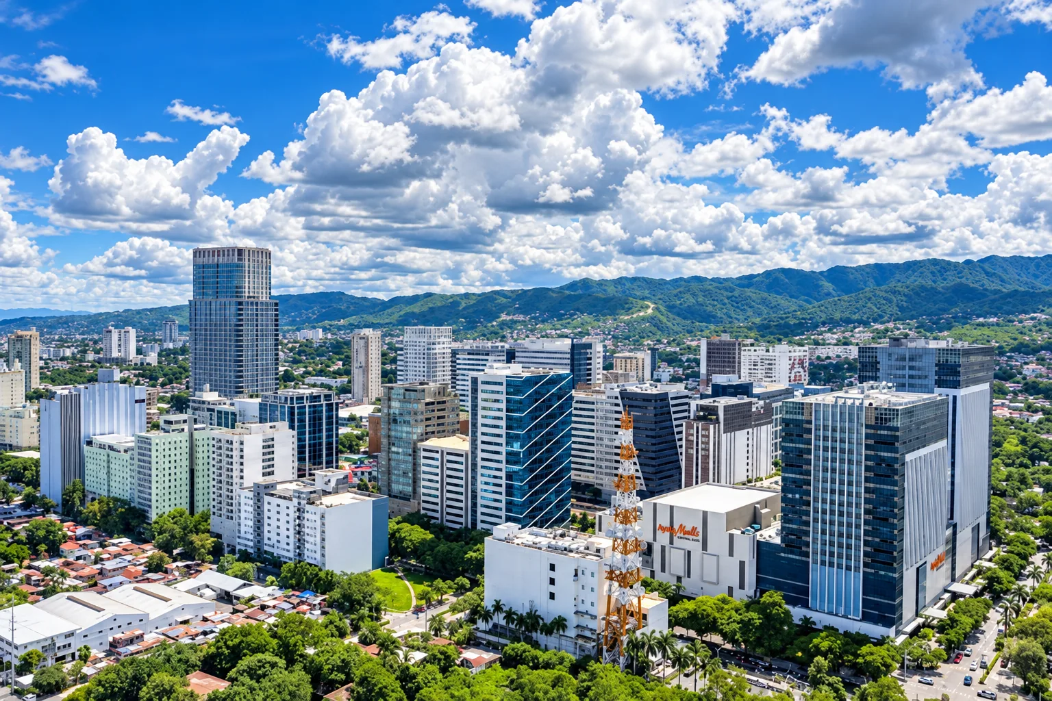 Refined Cebu Business Park skyline background with city towers and mountain backdrop