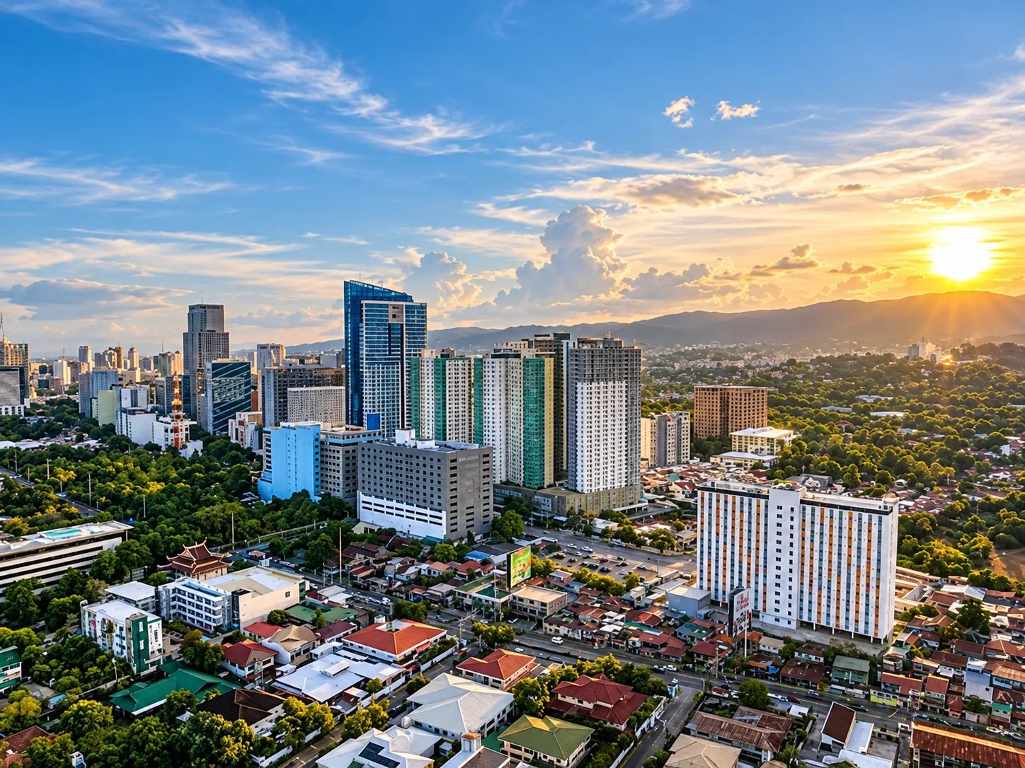 Refined Cebu skyline background showing a polished city panorama at sunset