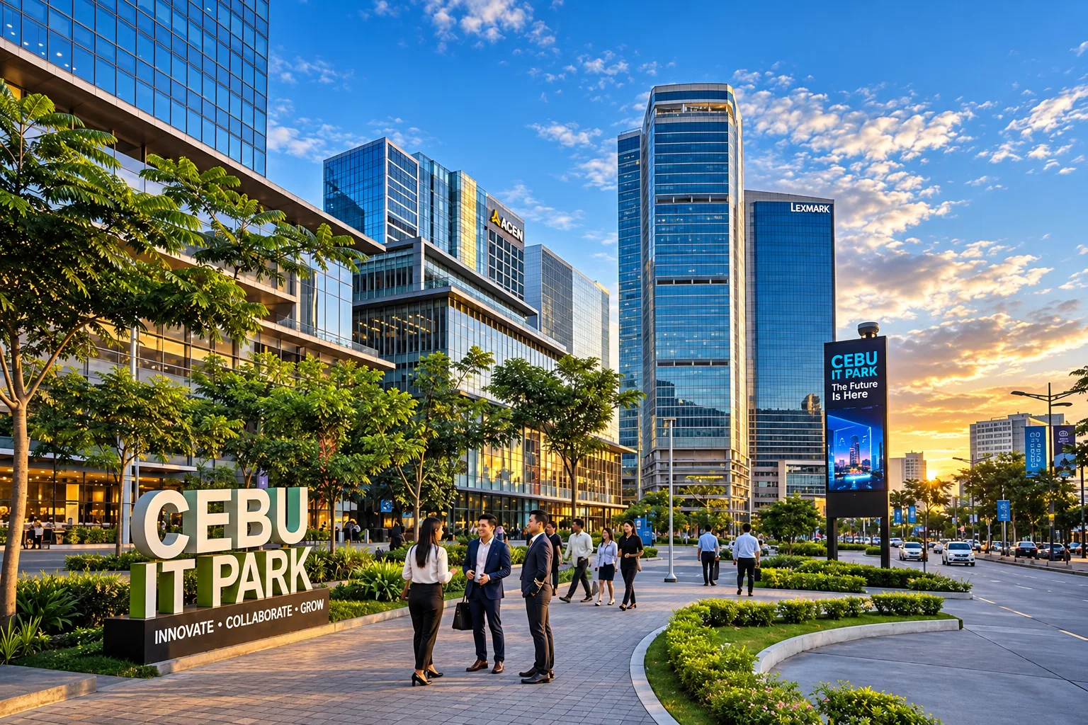 Refined Cebu IT Park background with contemporary towers and landscaped boulevard at golden hour