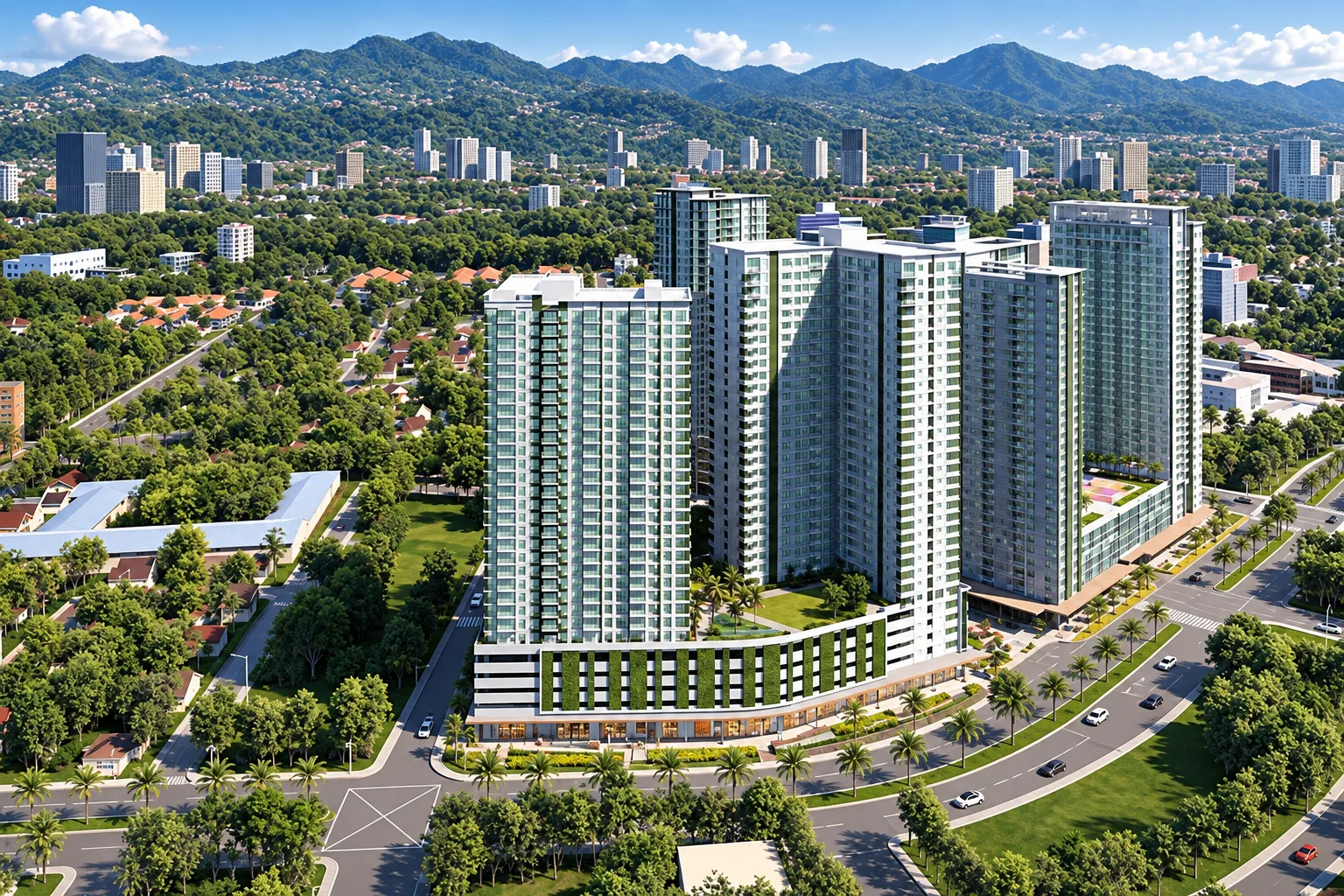 Refined Cebu property development background showing modern towers in a lush mountain setting