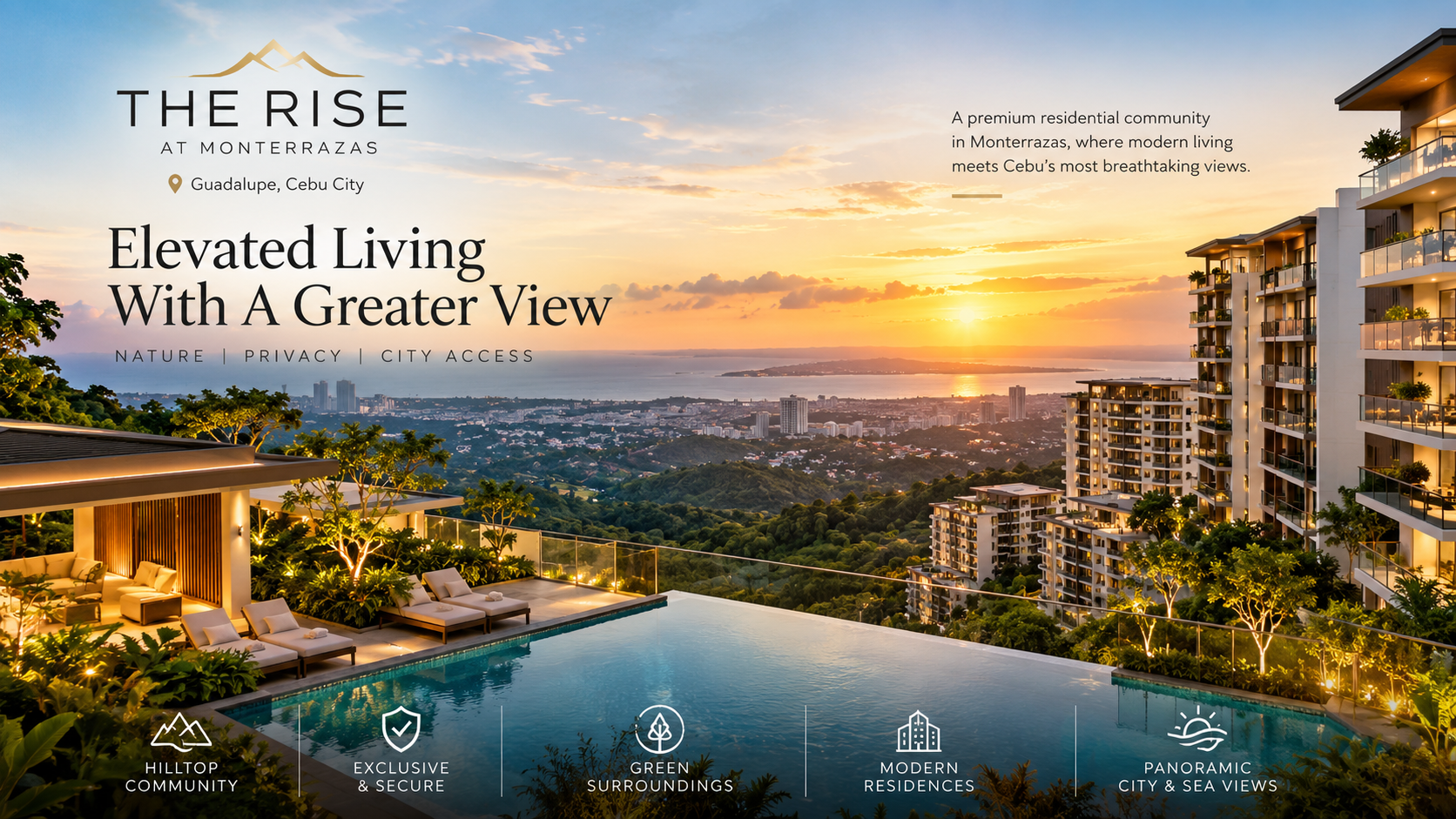 The Rise at Monterrazas editorial visual showing elevated Cebu living, hillside residences and panoramic city and sea views